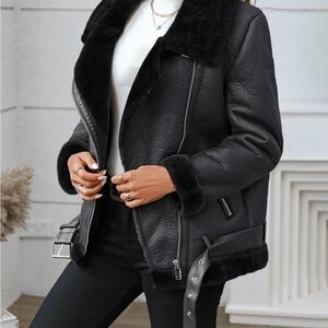 SHEIN Black Faux Leather Jacket with Fur Trim